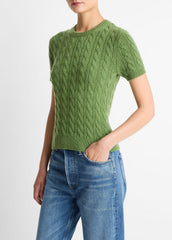 Cable-Knit Wool & Cashmere-Blend Short-Sleeve Sweater in Crew Neck | VINCE Women