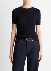 Cable-Knit Wool & Cashmere-Blend Short-Sleeve Sweater in Crew Neck | VINCE Women