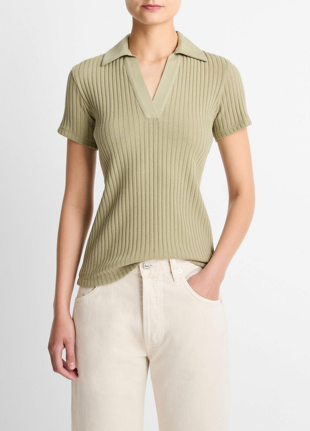 Ribbed Cotton-Blend Polo Shirt in Short Sleeve | VINCE Women