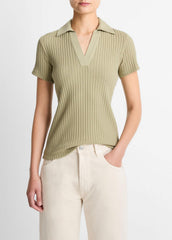 Ribbed Cotton-Blend Polo Shirt in Short Sleeve | VINCE Women