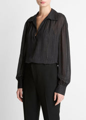 Metallic-Stripe Gathered Blouse in Long Sleeve | VINCE Women