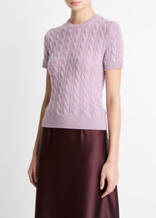 Cable-Knit Wool & Cashmere-Blend Short-Sleeve Sweater in Crew Neck | VINCE Women