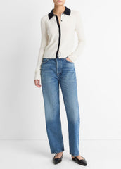 Contrast-Trim Wool & Cashmere-Blend Collared Cardigan in Cardigans | VINCE Women
