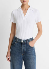 Ribbed Cotton-Blend Polo Shirt in Short Sleeve | VINCE Women