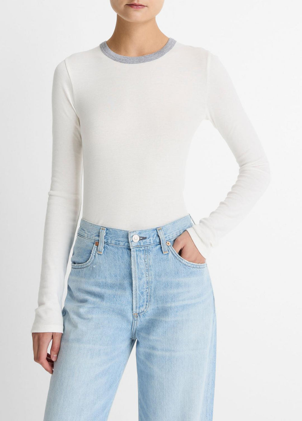 Tipped Heathered Pima Cotton-Blend Long-Sleeve T-Shirt in Long Sleeve | VINCE Women