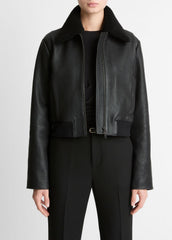 Shearling-Trim Shrunken Leather Jacket in Leather Jackets | VINCE Women