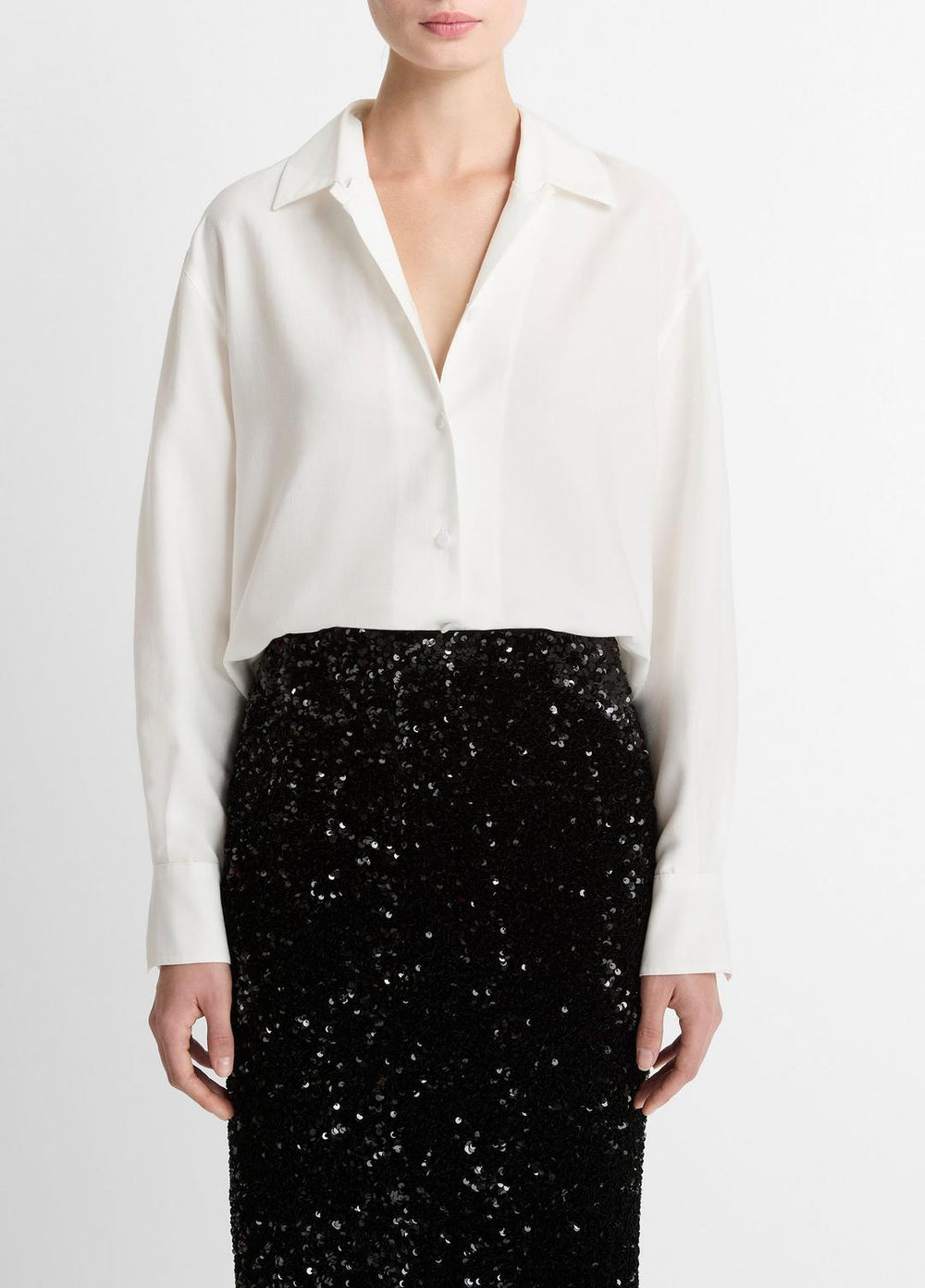 Refined Twill Covered-Button Shirt in Long Sleeve | VINCE Women