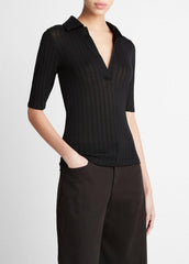 Cotton Elbow-Sleeve Polo Shirt in Short Sleeve | VINCE Women