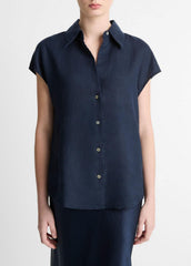 Linen Cap-Sleeve Button-Front Blouse in Short Sleeve | VINCE Women