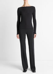 Ribbed Cotton-Blend Slash-Neck Long-Sleeve Top in Long Sleeve | VINCE Women