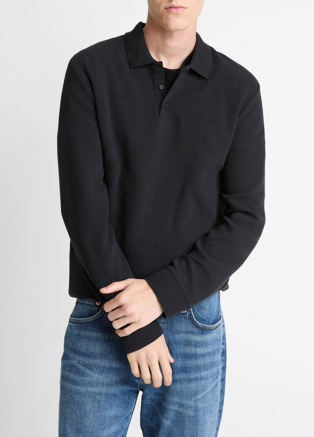 Basket-Weave Cotton Long-Sleeve Polo Shirt in Henleys & Polos | VINCE Men