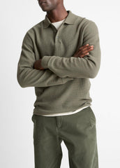 Basket-Weave Cotton Long-Sleeve Polo Shirt in Henleys & Polos | VINCE Men