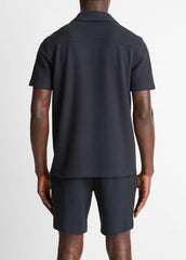 Seersucker-Knit Stretch-Cotton Short-Sleeve Johnny-Collar Shirt in Short Sleeve | VINCE Men
