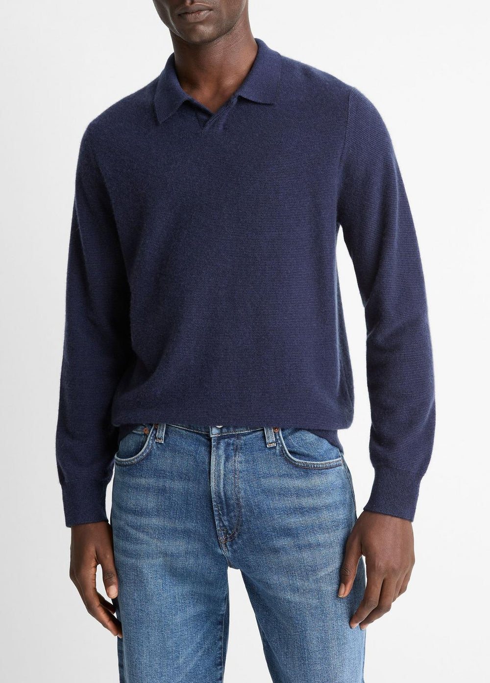Feed Stripe Plush Cashmere Johnny-Collar Sweater in Cashmere | VINCE Men