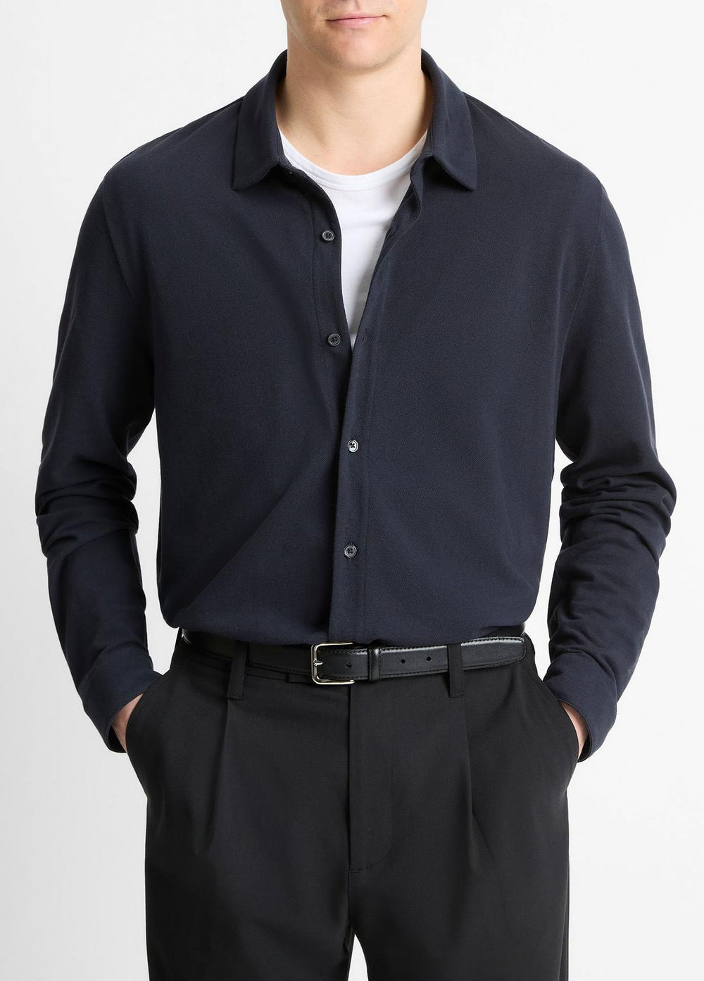 Cotton Piqué Button-Front Shirt in Long Sleeve | VINCE Men