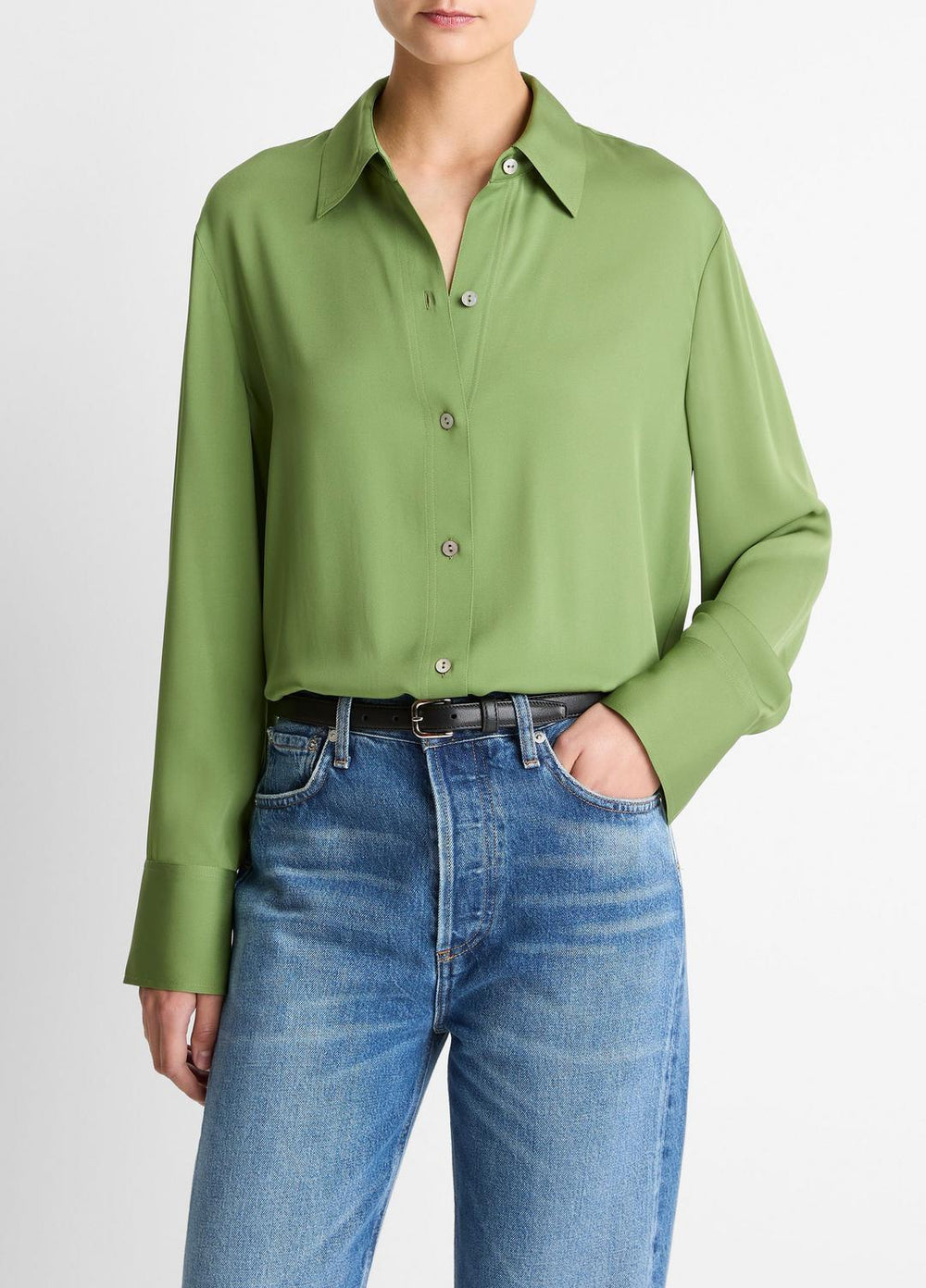 Stretch-Silk Button-Front Blouse in Long Sleeve | VINCE Women