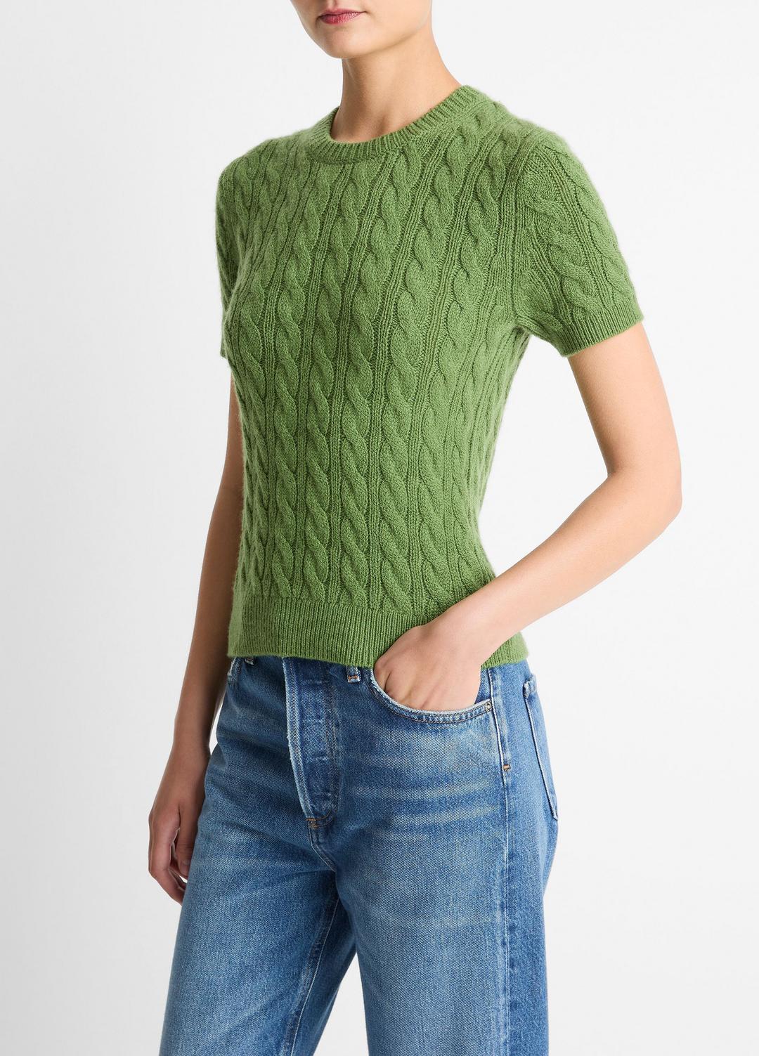 Cable-Knit Wool & Cashmere-Blend Short-Sleeve Sweater in Crew Neck | VINCE Women