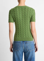 Cable-Knit Wool & Cashmere-Blend Short-Sleeve Sweater in Crew Neck | VINCE Women