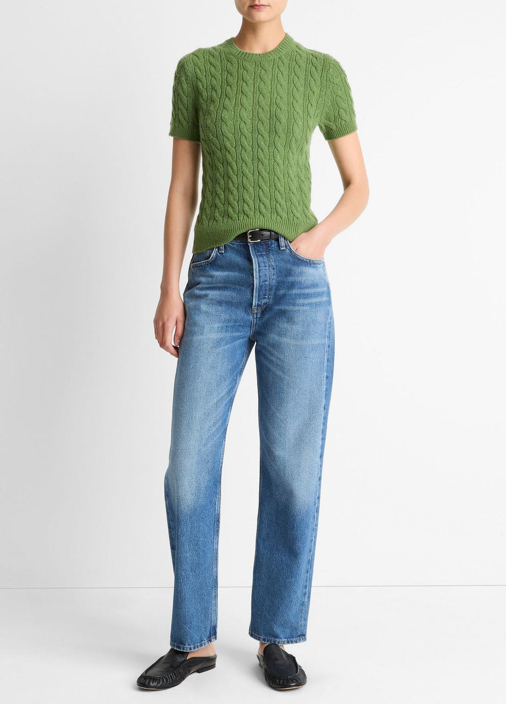Cable-Knit Wool & Cashmere-Blend Short-Sleeve Sweater in Crew Neck | VINCE Women