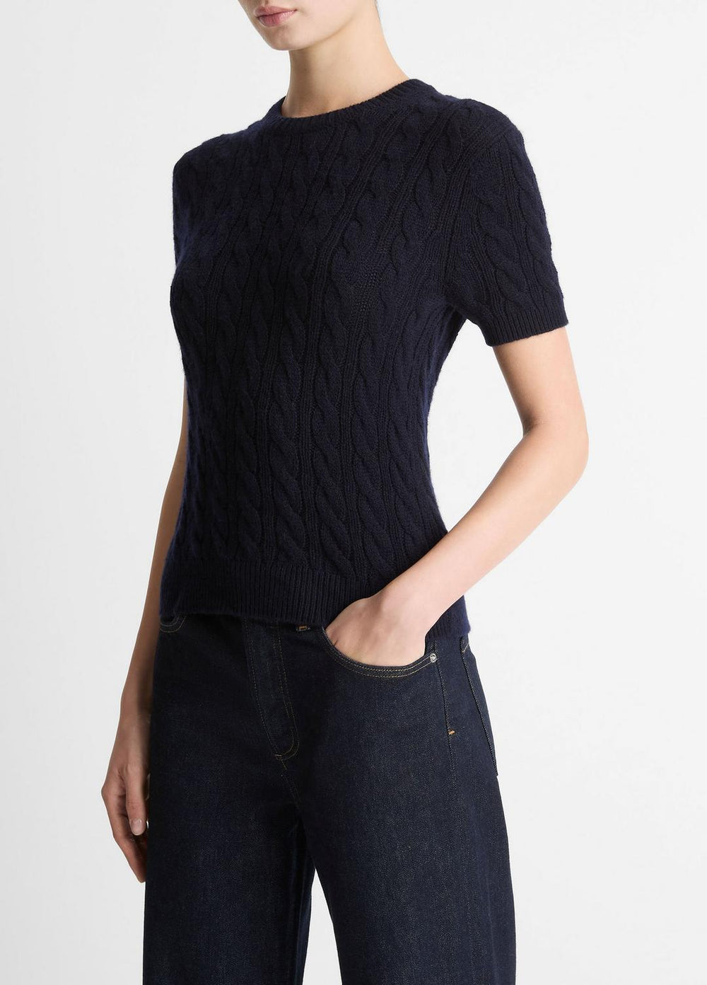 Cable-Knit Wool & Cashmere-Blend Short-Sleeve Sweater in Crew Neck | VINCE Women