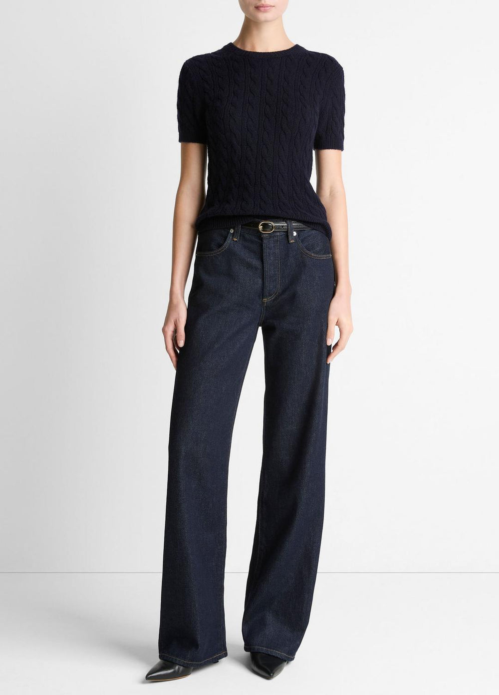 Cable-Knit Wool & Cashmere-Blend Short-Sleeve Sweater in Crew Neck | VINCE Women