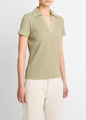Ribbed Cotton-Blend Polo Shirt in Short Sleeve | VINCE Women
