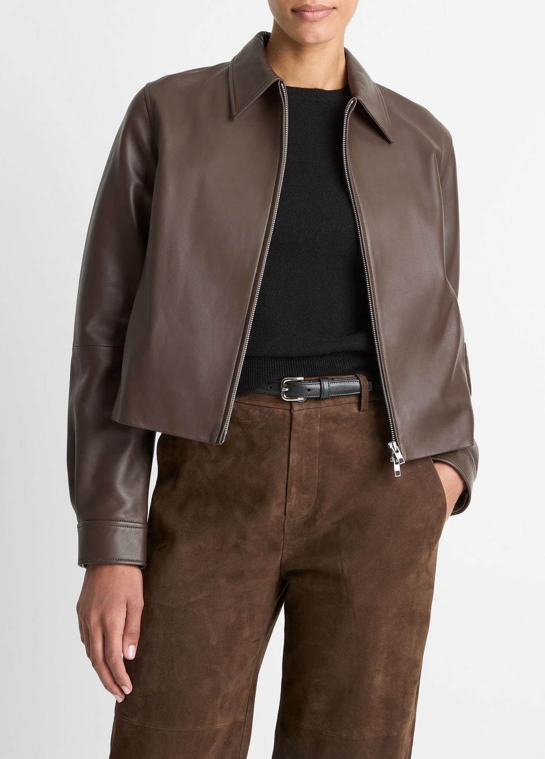 Leather Cropped Zip-Front Jacket in Leather Jackets | VINCE Women