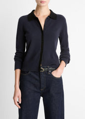 Contrast-Trim Wool & Cashmere-Blend Collared Cardigan in Cardigans | VINCE Women
