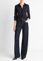 Contrast-Trim Wool & Cashmere-Blend Collared Cardigan in Cardigans | VINCE Women