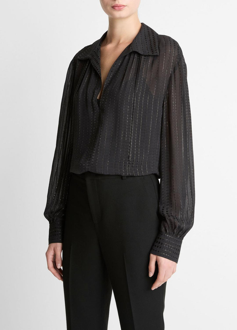 Metallic-Stripe Gathered Blouse in Long Sleeve | VINCE Women