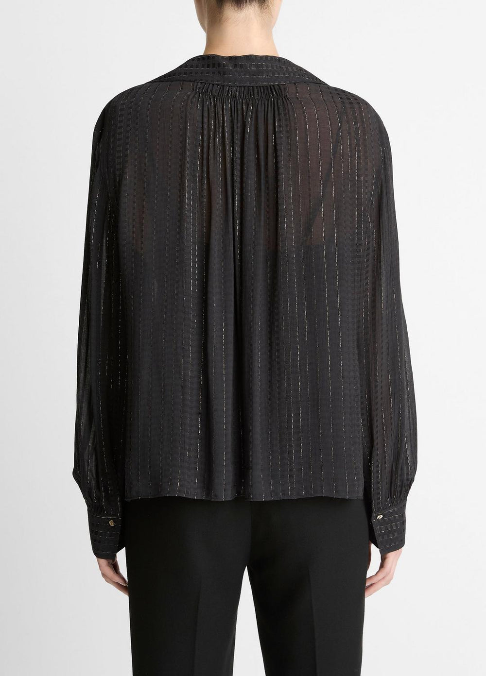 Metallic-Stripe Gathered Blouse in Long Sleeve | VINCE Women