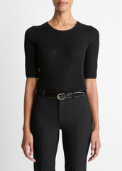 Satin-Trim Wool Elbow-Sleeve T-Shirt in Short Sleeve | VINCE Women