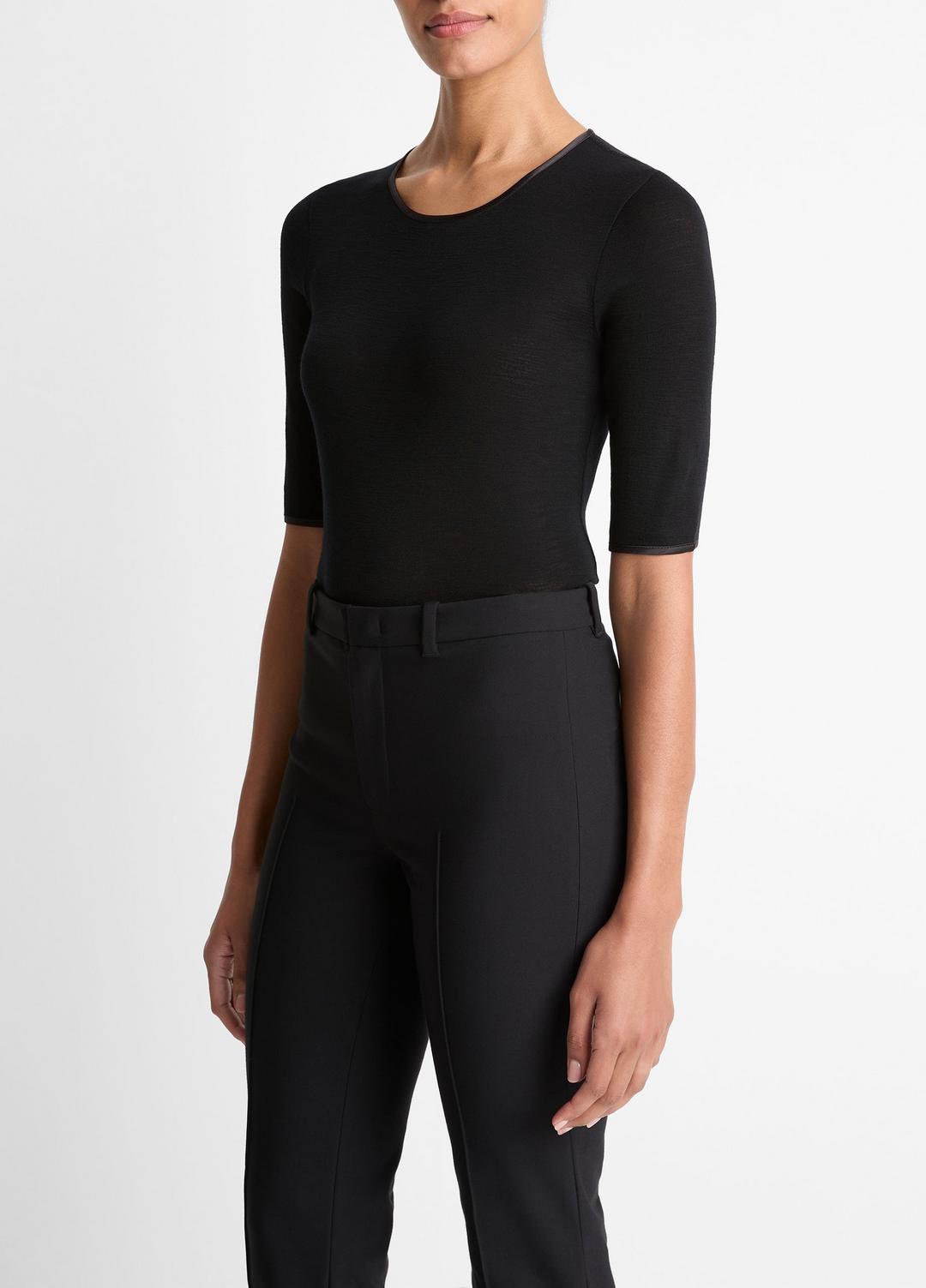 Satin-Trim Wool Elbow-Sleeve T-Shirt in Short Sleeve | VINCE Women