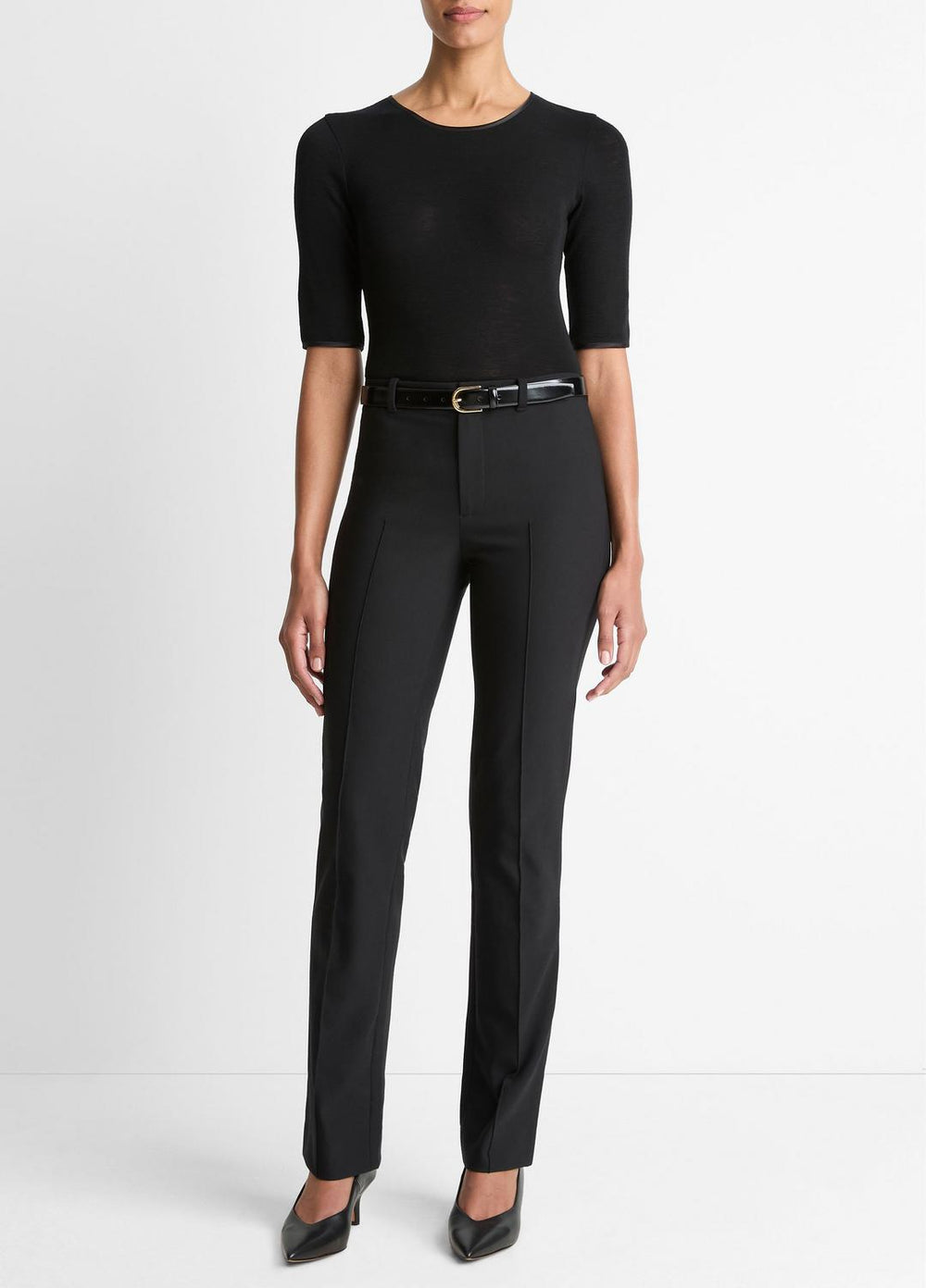 Satin-Trim Wool Elbow-Sleeve T-Shirt in Short Sleeve | VINCE Women