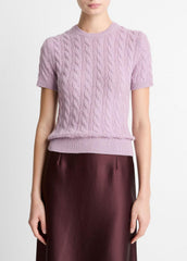 Cable-Knit Wool & Cashmere-Blend Short-Sleeve Sweater in Crew Neck | VINCE Women