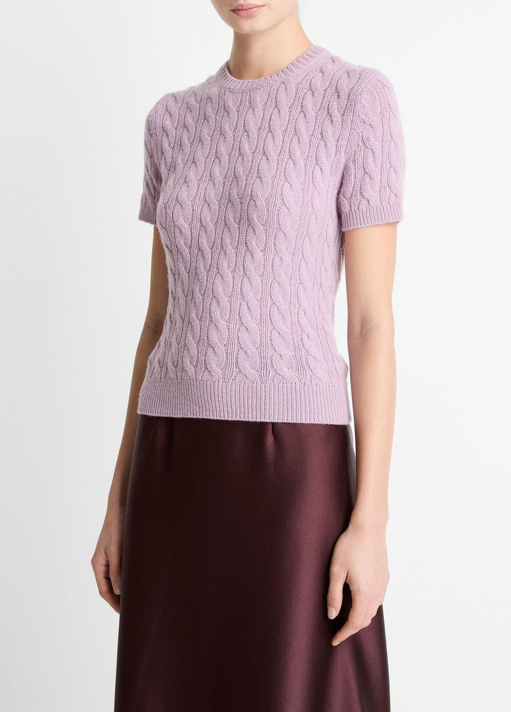 Cable-Knit Wool & Cashmere-Blend Short-Sleeve Sweater in Crew Neck | VINCE Women
