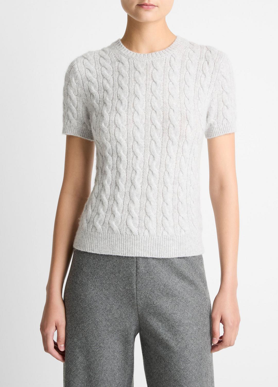 Cable-Knit Wool & Cashmere-Blend Short-Sleeve Sweater in Crew Neck | VINCE Women