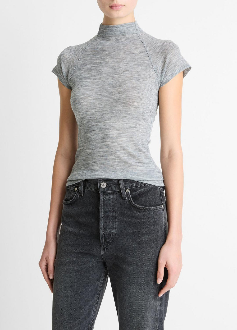 Wool Raglan Cap-Sleeve Mock-Neck Top in Short Sleeve | VINCE Women