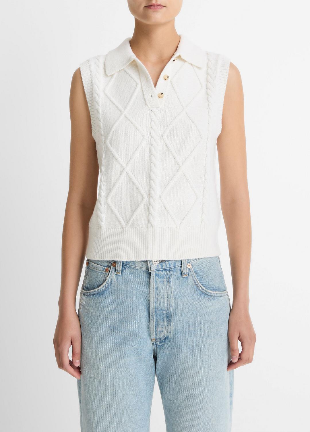Cable-Knit Wool & Cotton-Blend Sweater Vest in V-Neck | VINCE Women