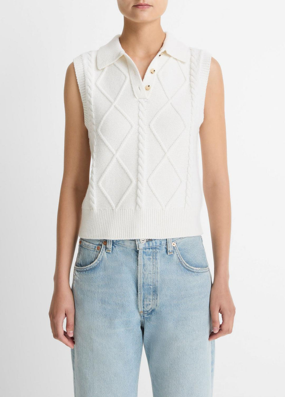 Cable-Knit Wool & Cotton-Blend Sweater Vest in V-Neck | VINCE Women
