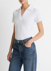 Ribbed Cotton-Blend Polo Shirt in Short Sleeve | VINCE Women
