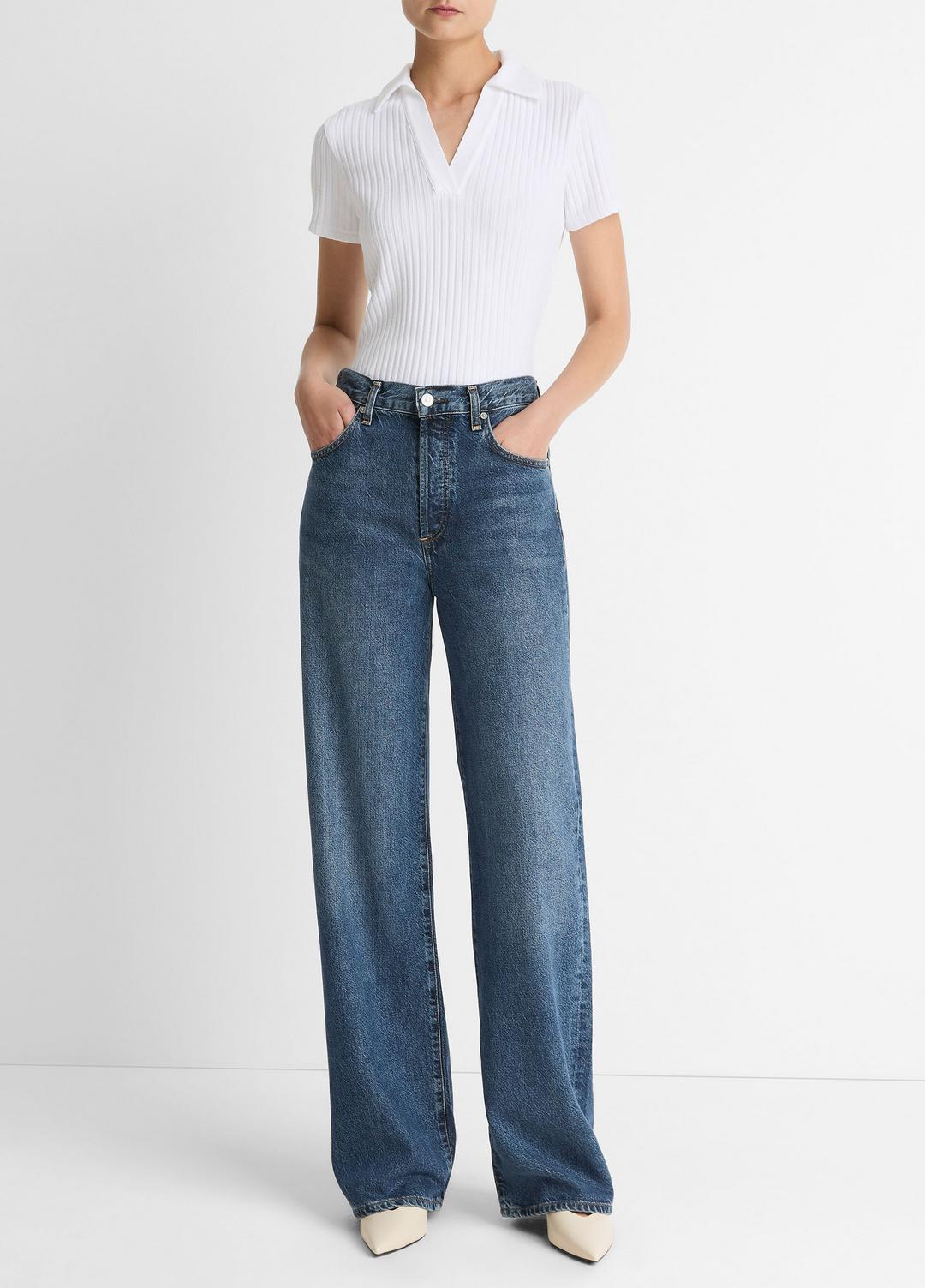 Ribbed Cotton-Blend Polo Shirt in Short Sleeve | VINCE Women