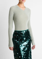 Metallic Ribbed High V-Neck Sweater in V-Neck | VINCE Women