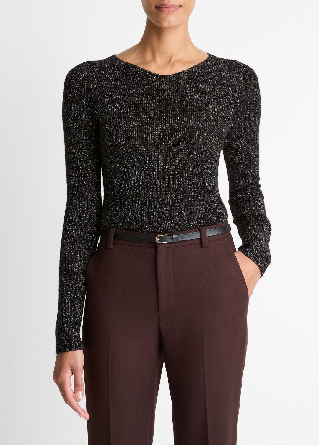 Metallic Ribbed High V-Neck Sweater in V-Neck | VINCE Women
