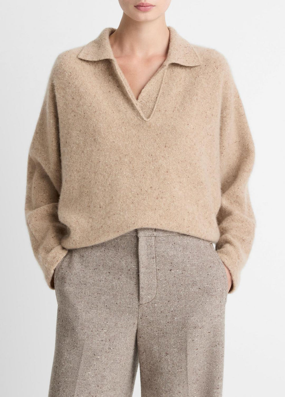 Donegal Plush Cashmere Dolman-Sleeve Polo Sweater in Cashmere | VINCE Women