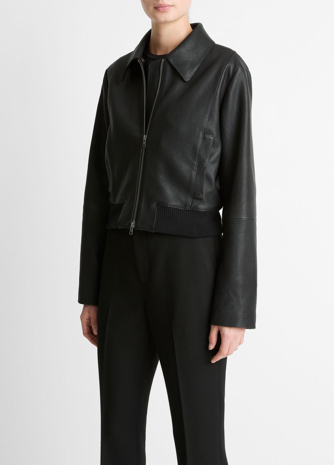 Shearling-Trim Shrunken Leather Jacket in Leather Jackets | VINCE Women