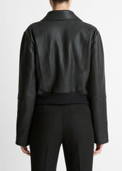 Shearling-Trim Shrunken Leather Jacket in Leather Jackets | VINCE Women