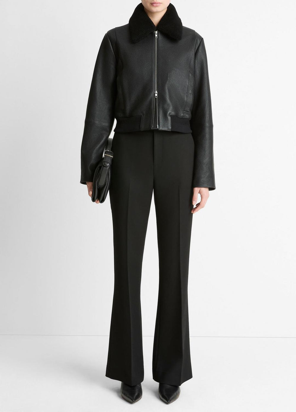Shearling-Trim Shrunken Leather Jacket in Leather Jackets | VINCE Women