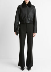Shearling-Trim Shrunken Leather Jacket in Leather Jackets | VINCE Women