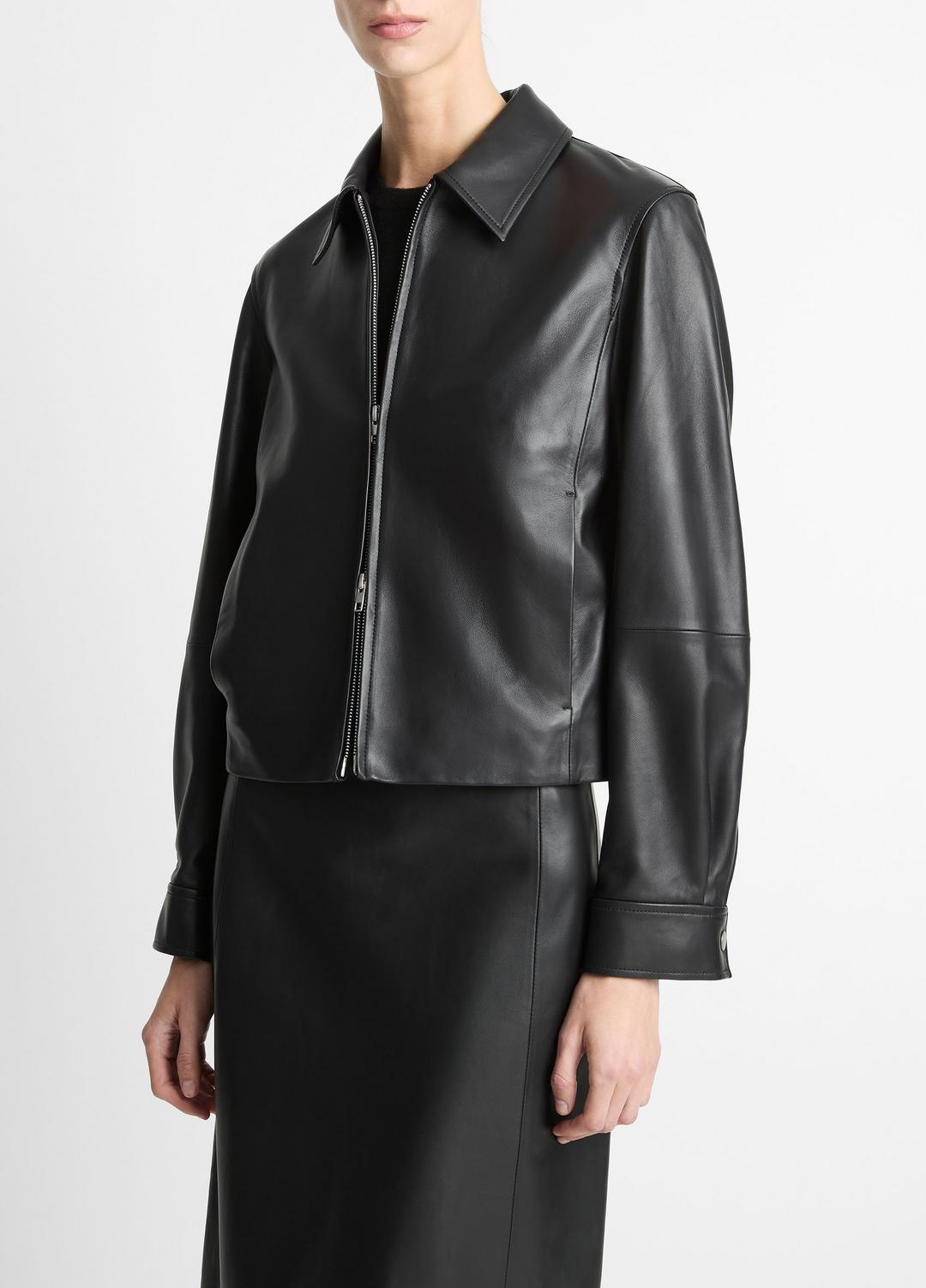 Leather Cropped Zip-Front Jacket in Jackets | VINCE Women